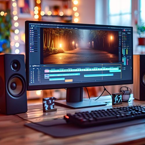 Cozy video editing station with wooden desk and ambient lighting